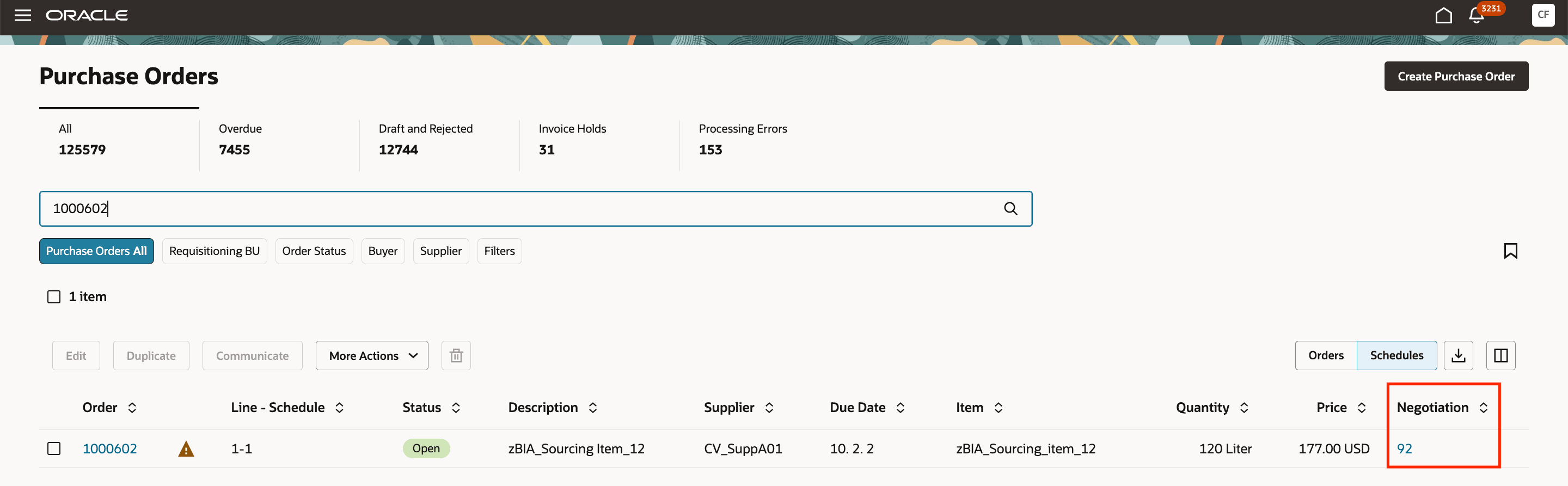 Redwood購買オーダーからのネゴシエーションの表示
