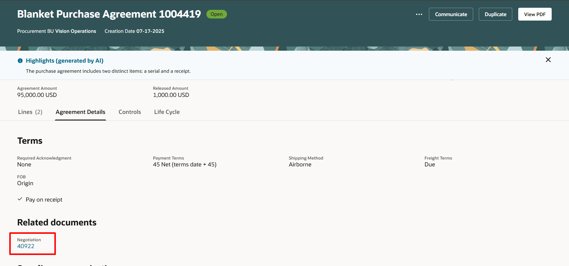 契約詳細からのネゴシエーションの表示