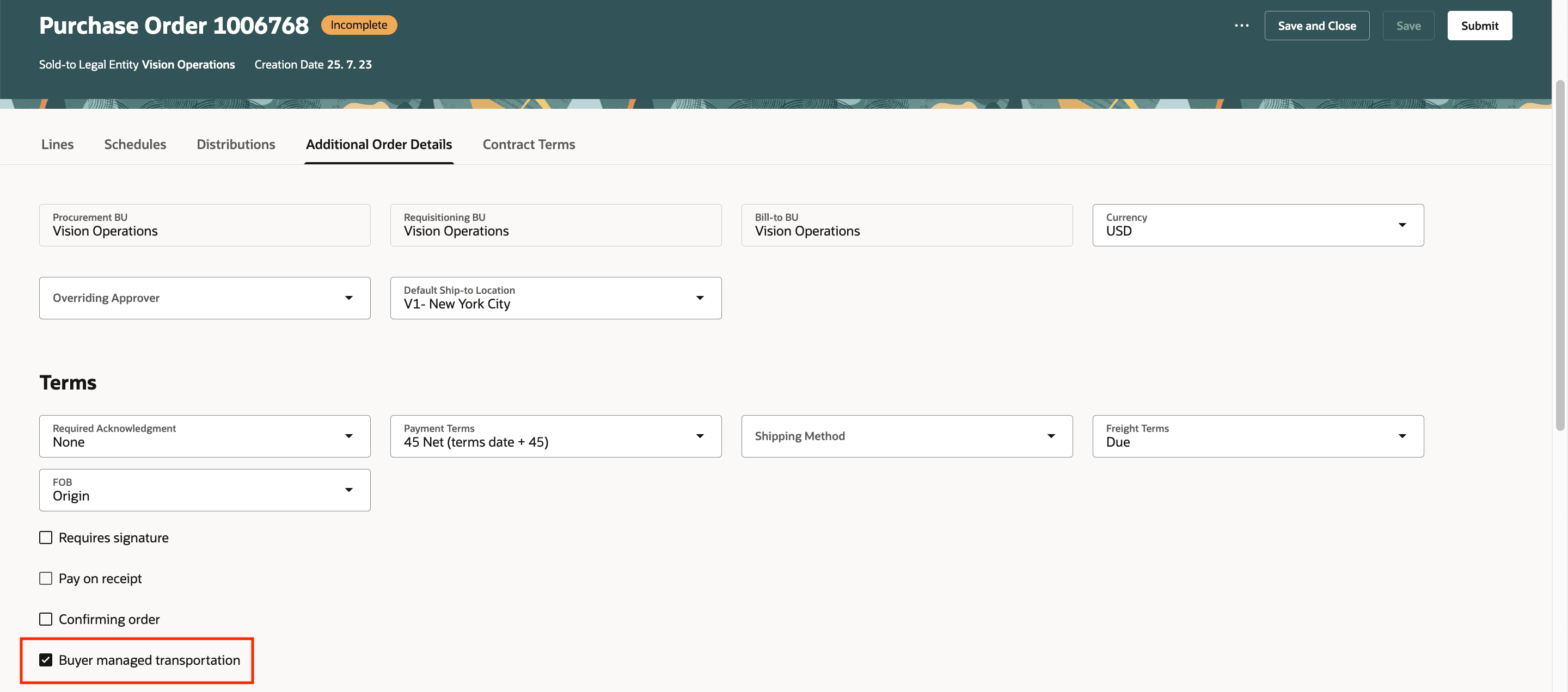 Redwood購買オーダーの表示でのバイヤー管理輸送使用可能