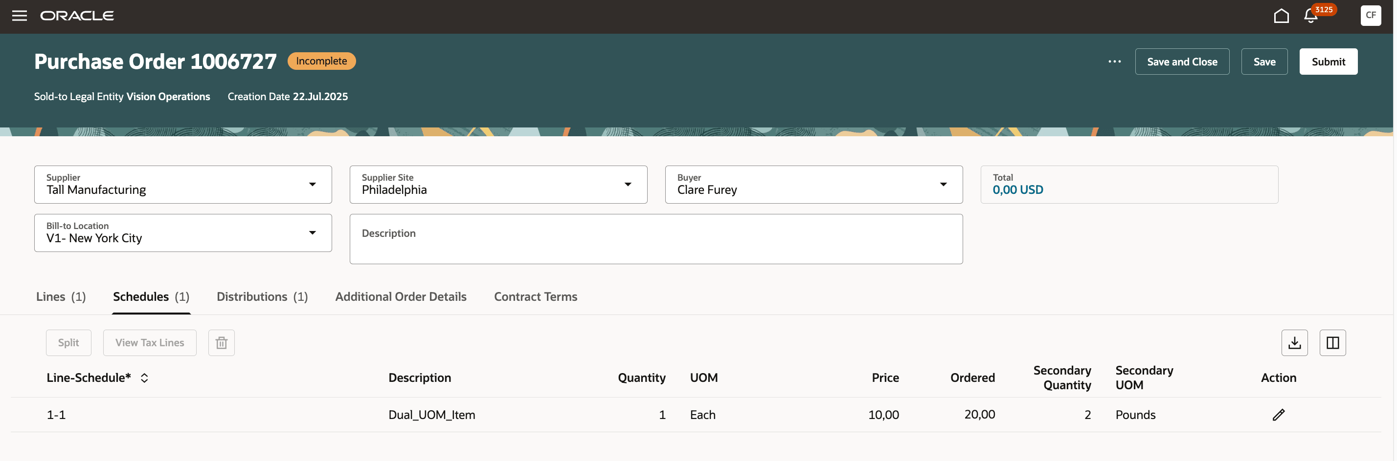 スケジュール表の第2数量および第2単位