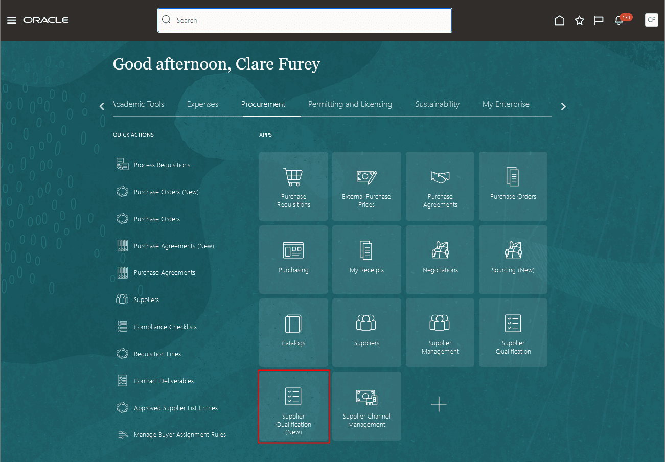 サプライヤ資格Redwoodランディング・ページにアクセスするための新規タイル