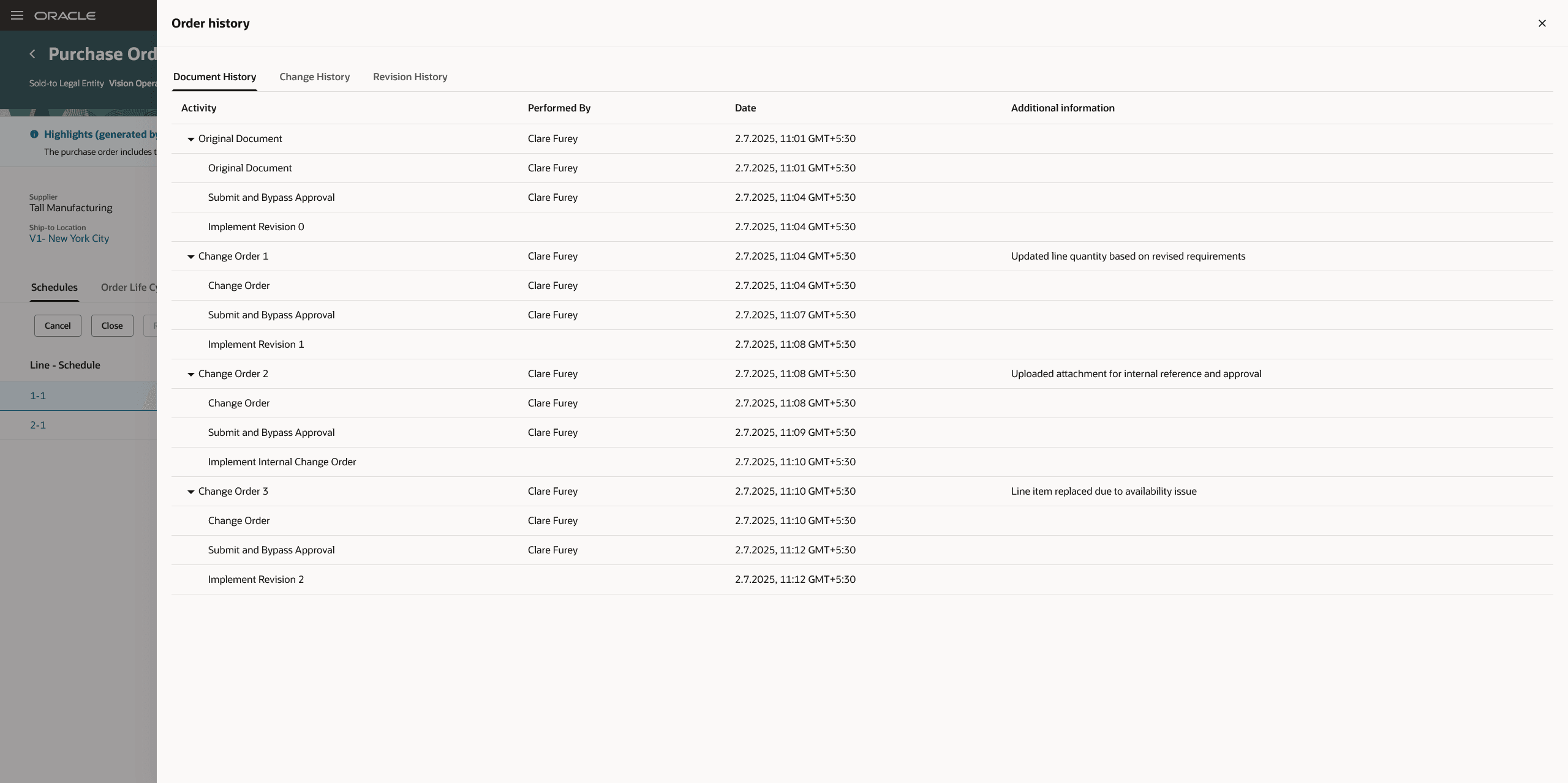 オーダー履歴ドロワーの「文書履歴」タブ