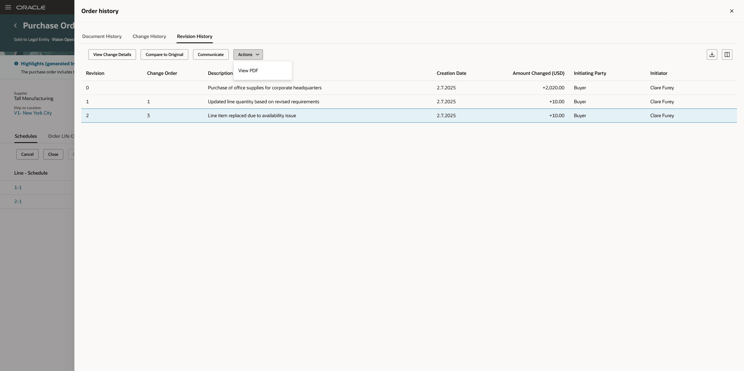 オーダー履歴ドロワーの「改訂履歴」タブ