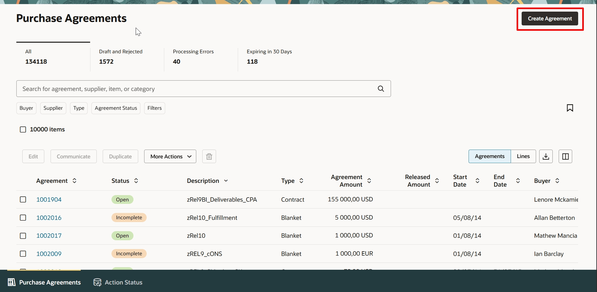 「新規契約」ボタンを使用した新規購買契約ドロワーのオープン
