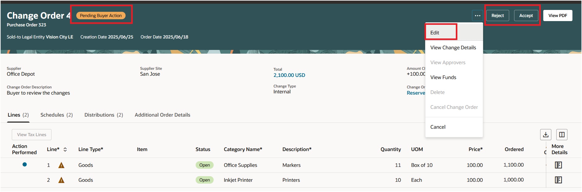 保留中のバイヤー処理変更オーダーでバイヤーに使用可能な処理