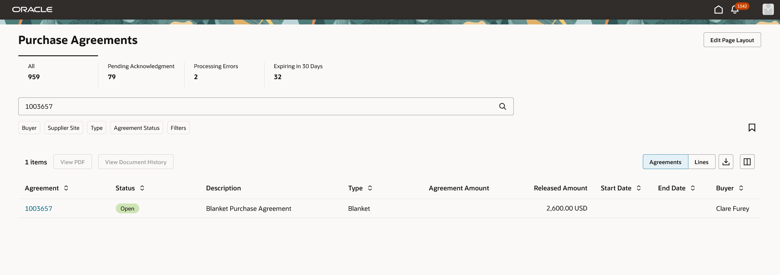 サプライヤの購買契約ページからの基本契約の表示