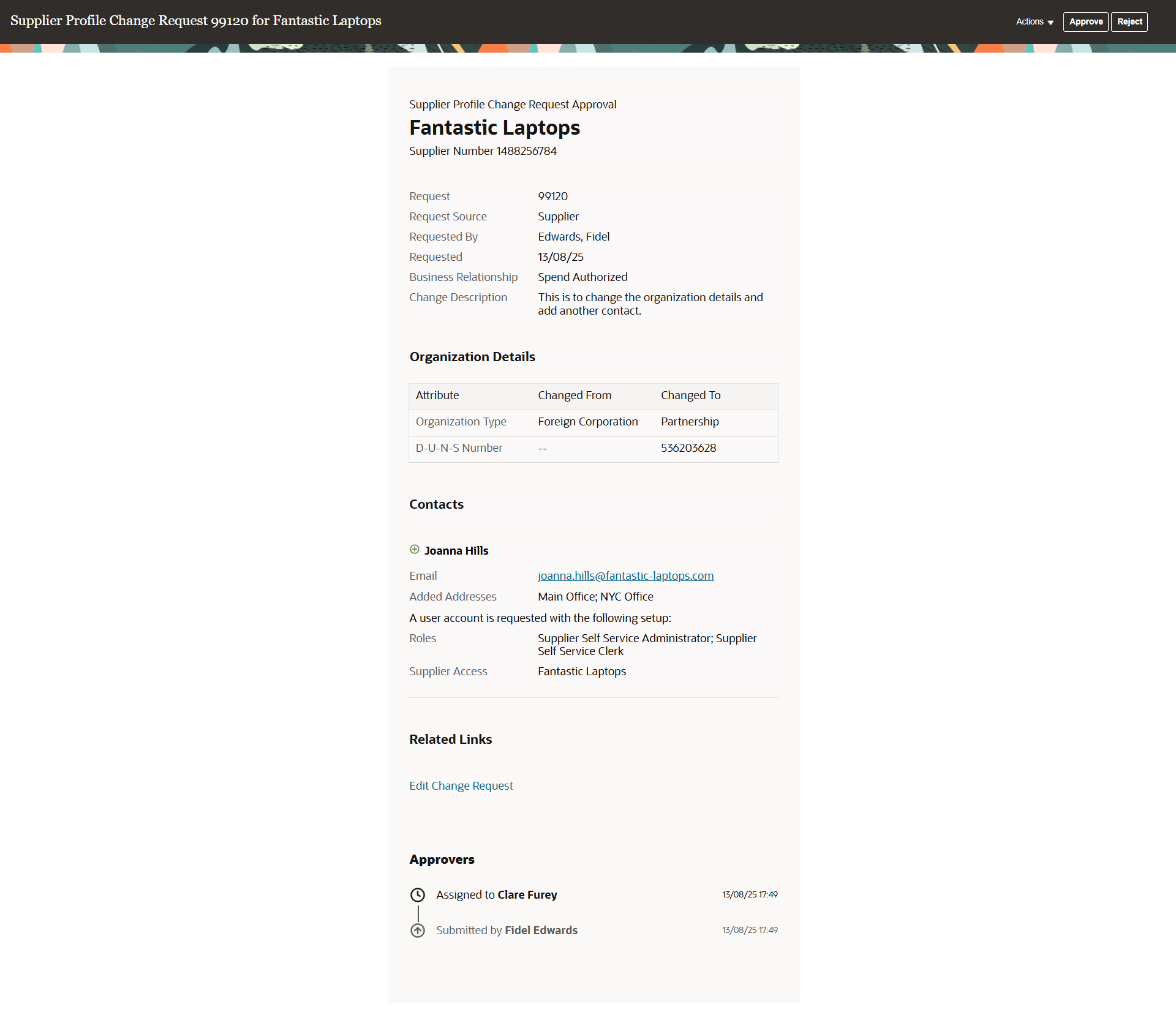 サプライヤ・ユーザーが開始したサプライヤ・プロファイル変更リクエスト承認通知