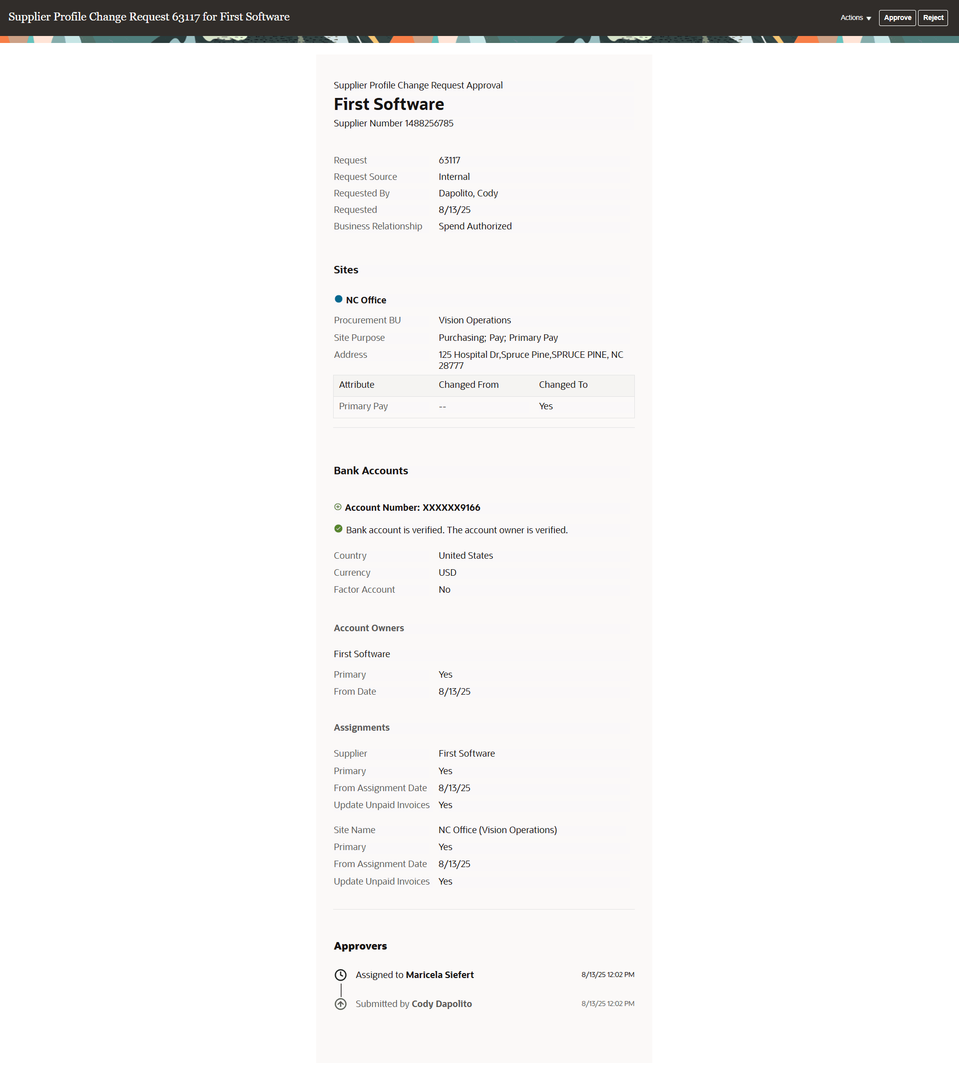 内部ユーザーが開始したサプライヤ・プロファイル変更リクエスト承認通知