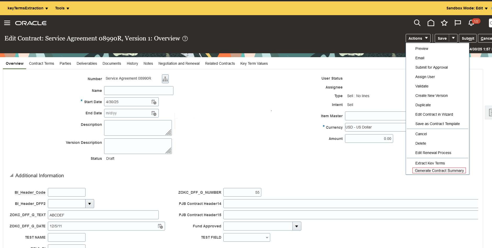 契約要約の生成メニュー