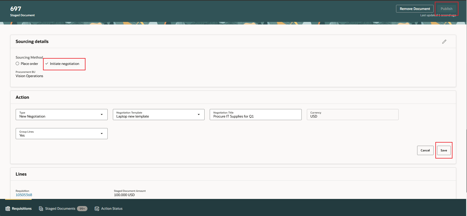 プロセス購買依頼からネゴシエーションを作成
