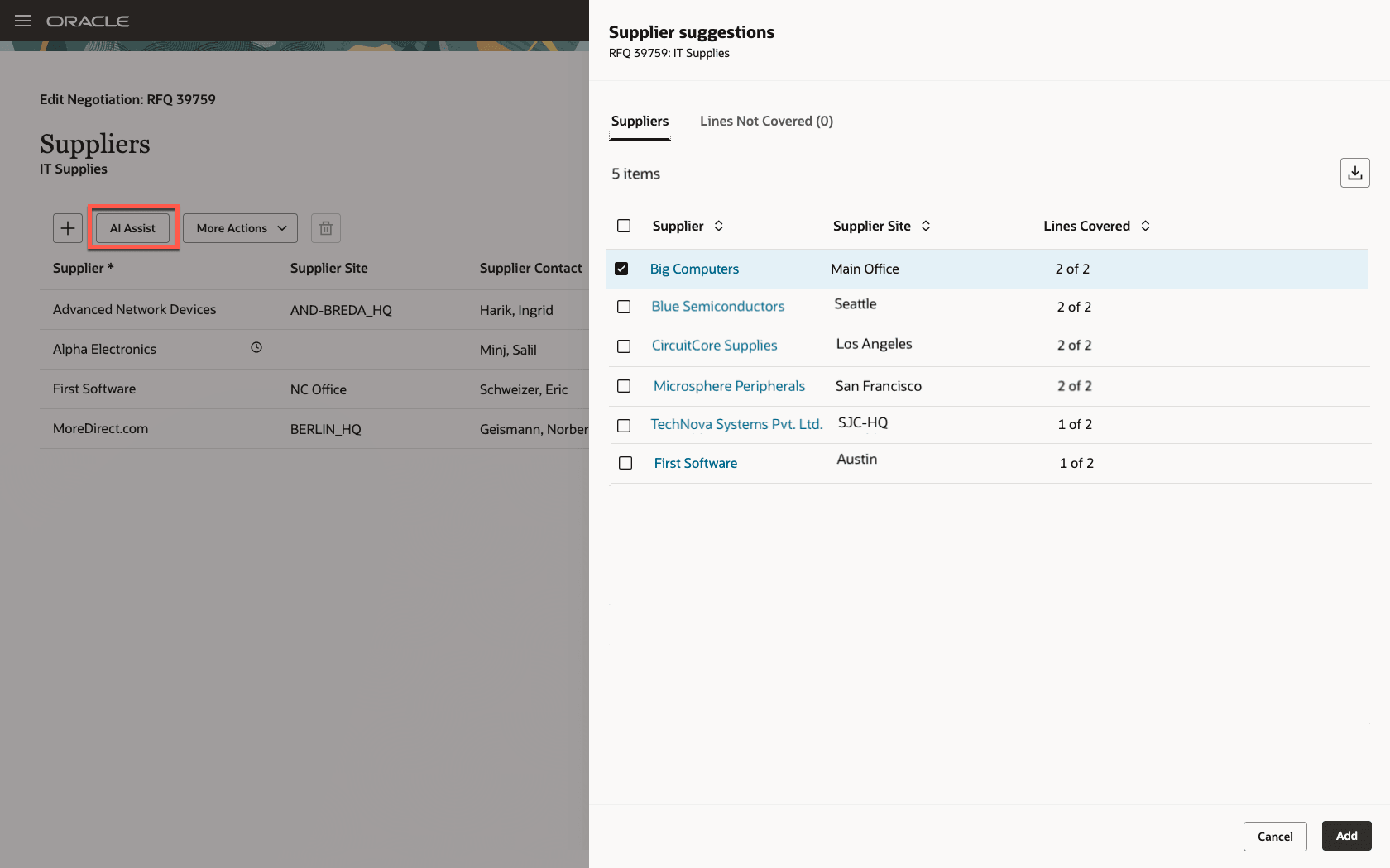 Oracle AIが提案するサプライヤの追加