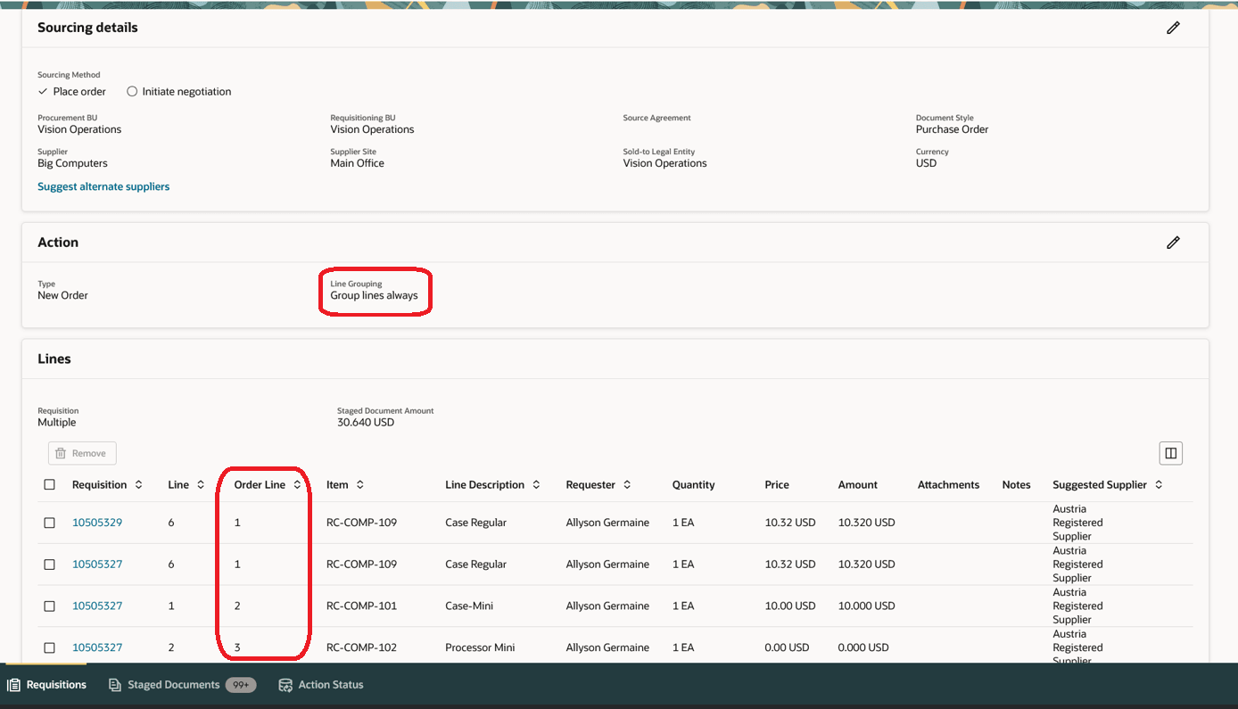 明細グループ化が「常にグループ明細」として選択されている場合のステージング文書のオーダー明細番号