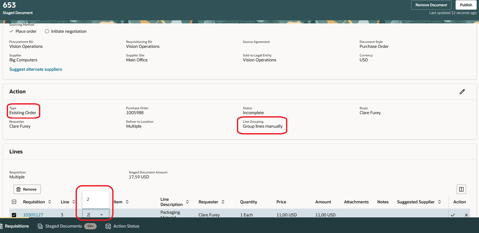 既存の購買オーダーの購買依頼明細を手動でグループ化する場合のオーダー明細番号の選択または入力