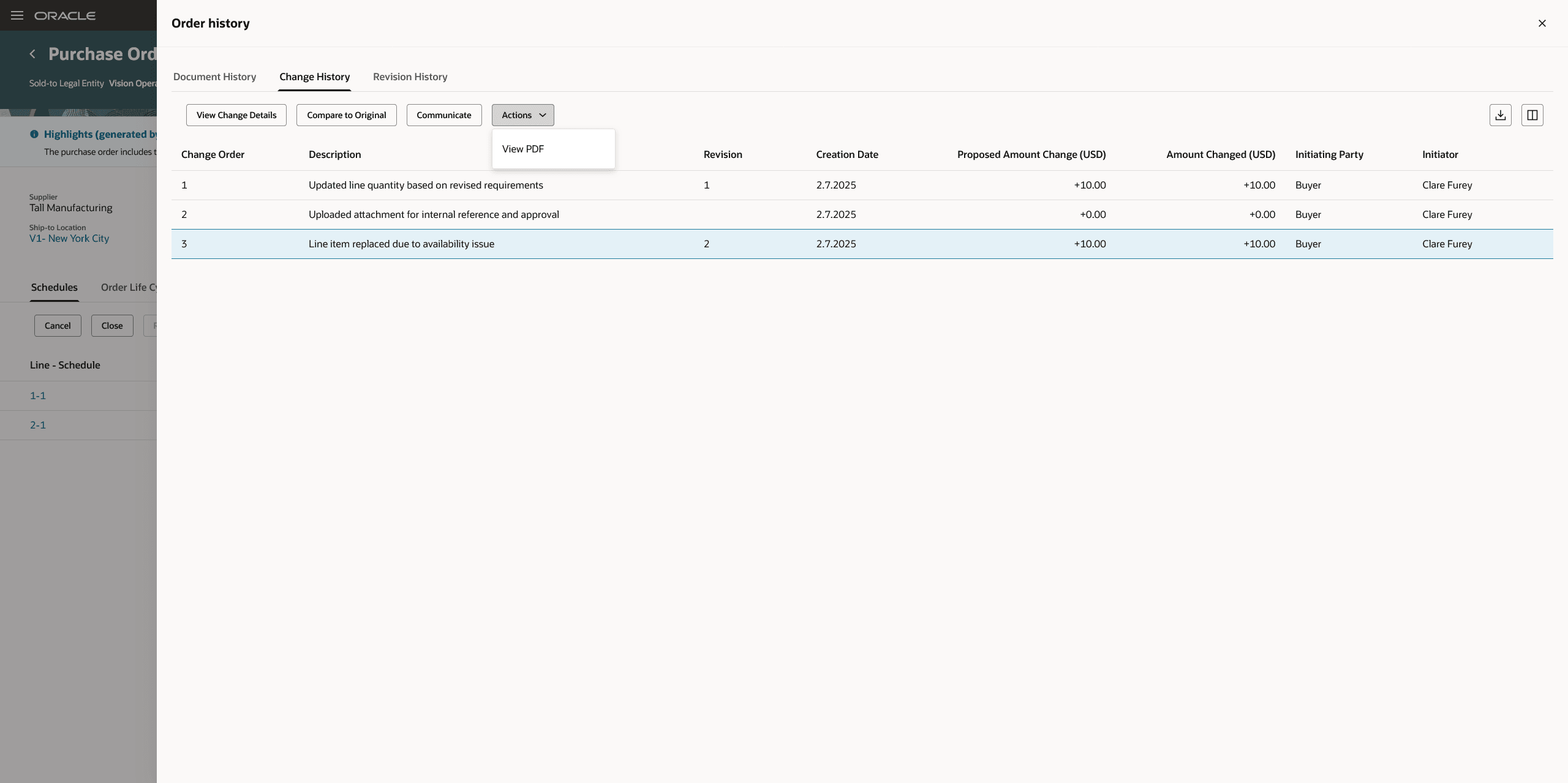 オーダー履歴ドロワーの「変更履歴」タブ