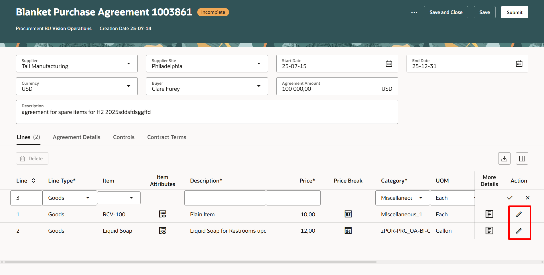 行レベルの編集オプションを使用した購買契約明細の編集