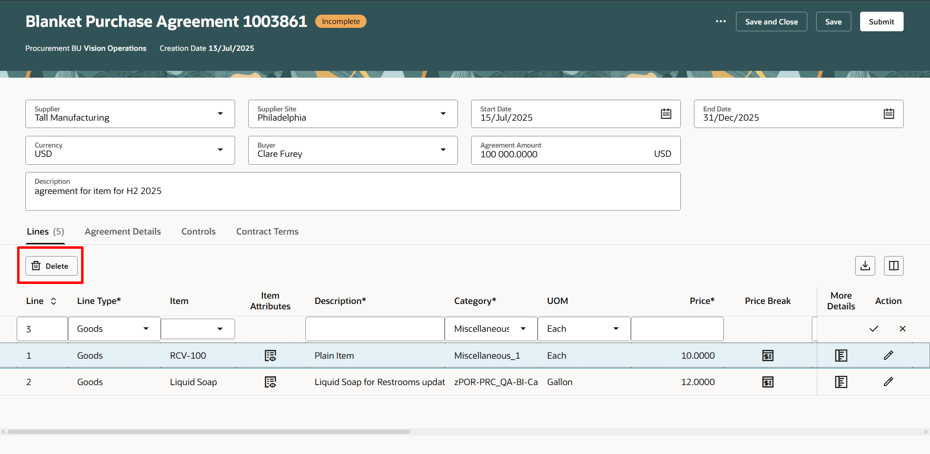 「削除」ボタンを使用した購買契約明細の削除