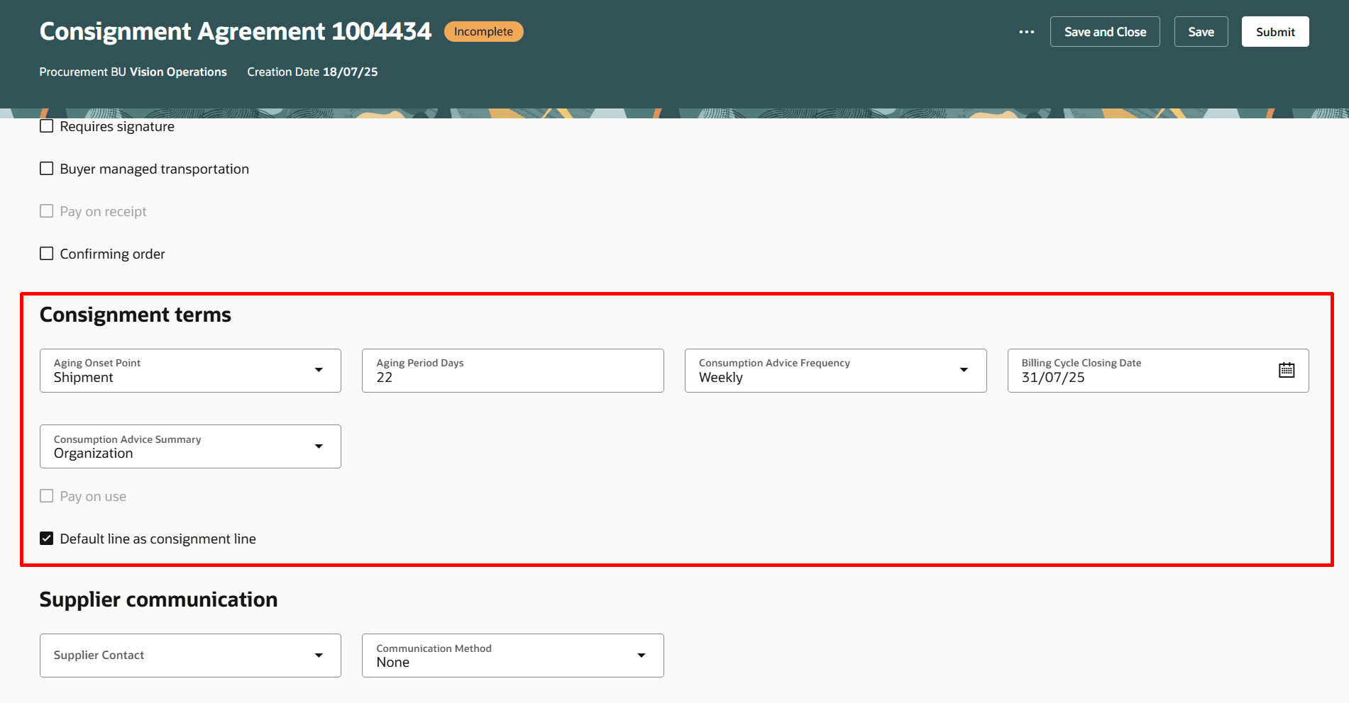 「委託条件」セクションは、「委託条件」が有効になっているドキュメント・スタイルの「契約詳細」セクションで使用できます