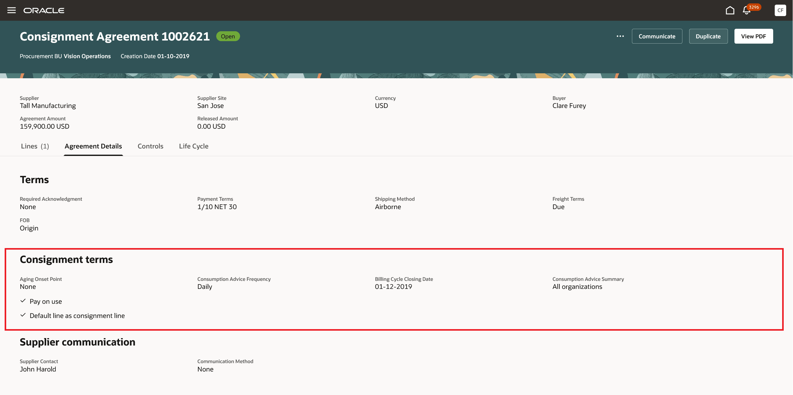 「契約詳細」タブの下の委託条件
