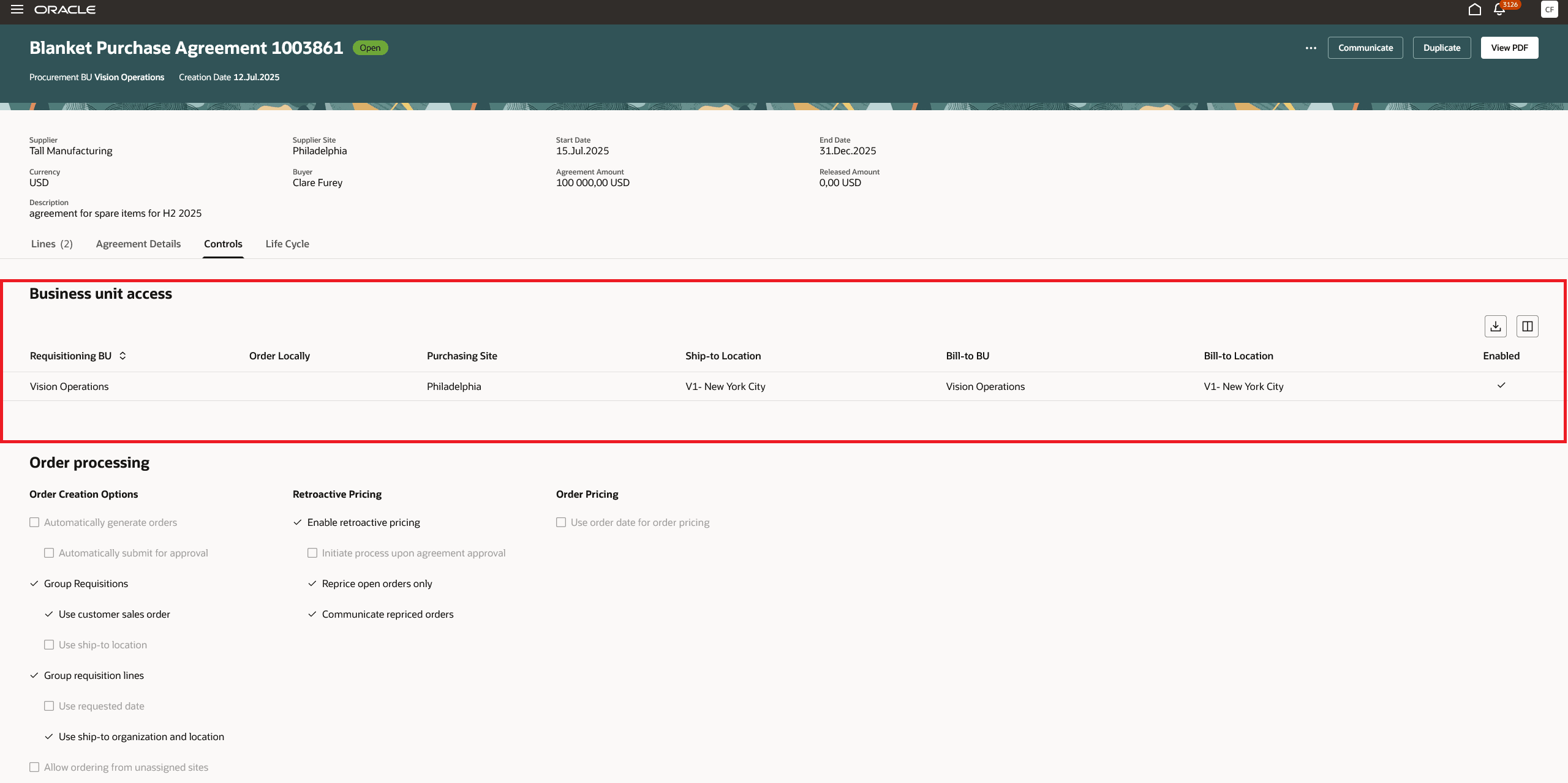 「管理」タブでのビジネス・ユニット・アクセス