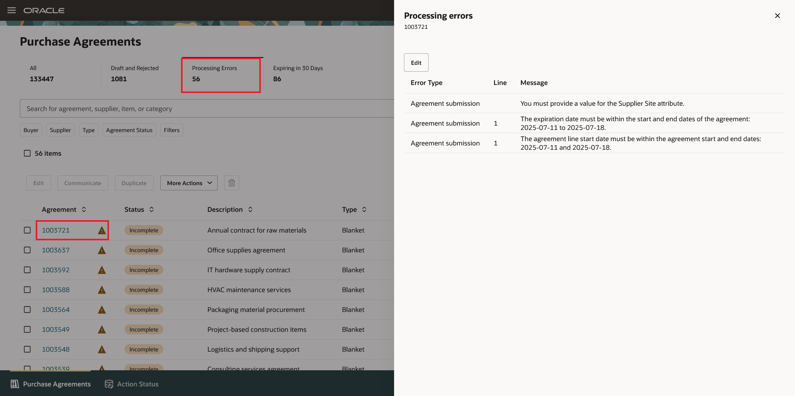 処理エラーのある購買契約