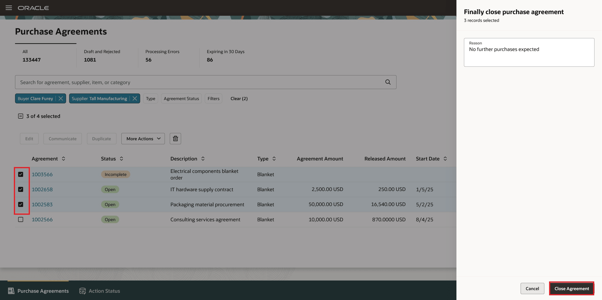 複数の購買契約の選択および処理