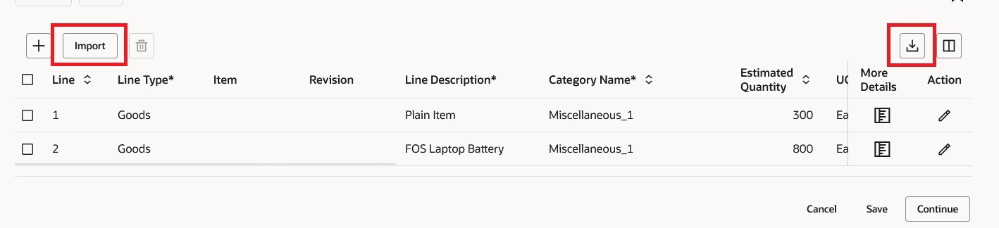 明細テンプレートのダウンロード/エクスポートおよびインポート