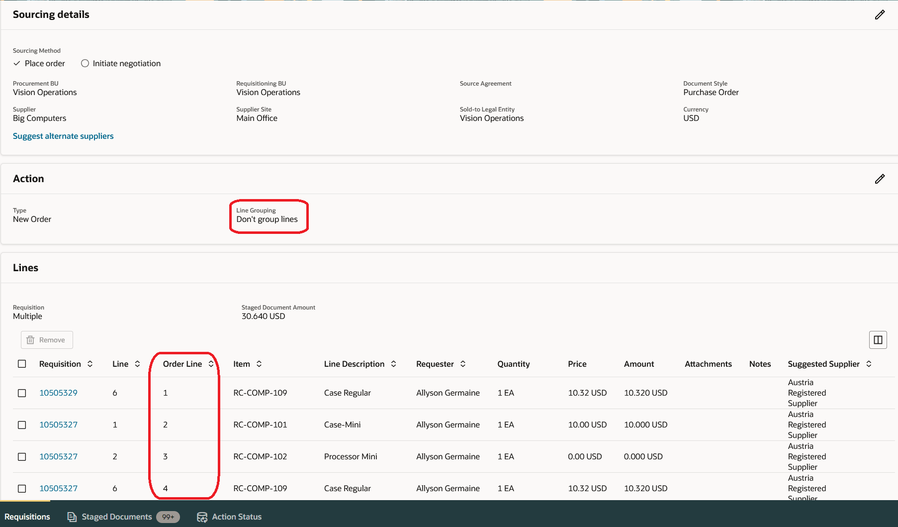 明細グループ化が「明細をグループ化しない」として選択されている場合のステージング済文書のオーダー明細番号