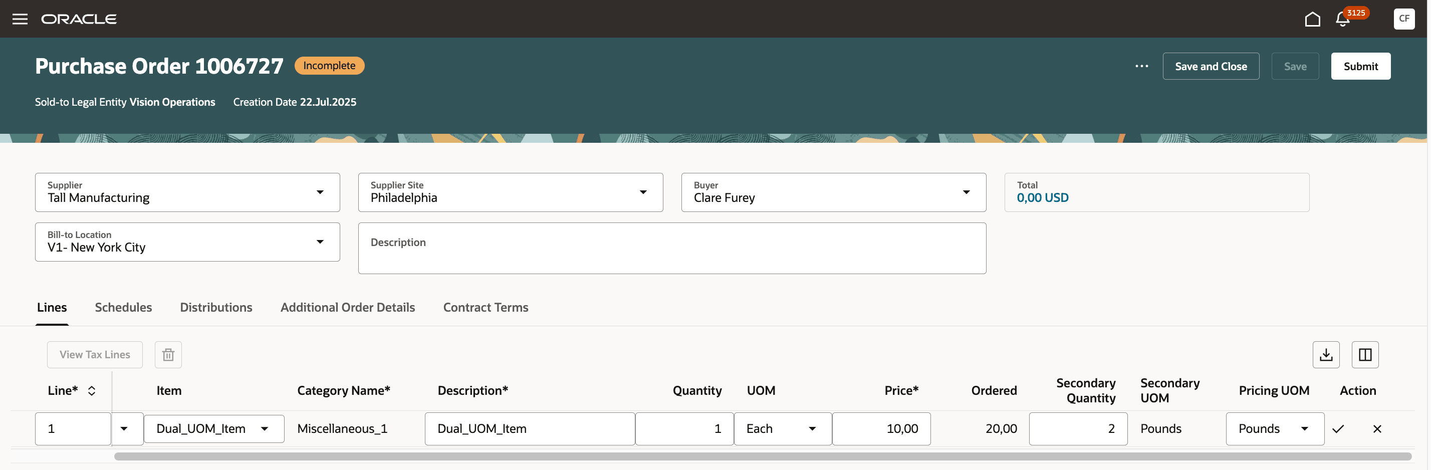 明細表のセカンダリ数量、セカンダリ単位および価格設定単位
