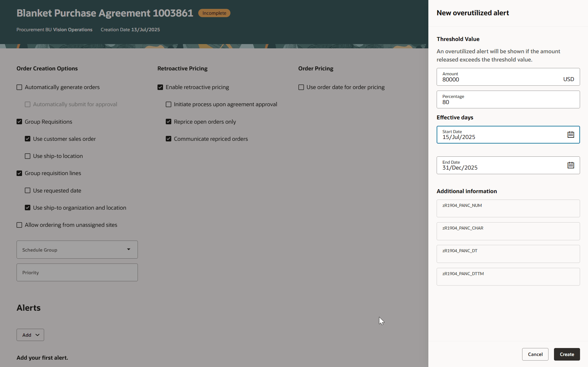 過剰利用アラートの詳細の入力