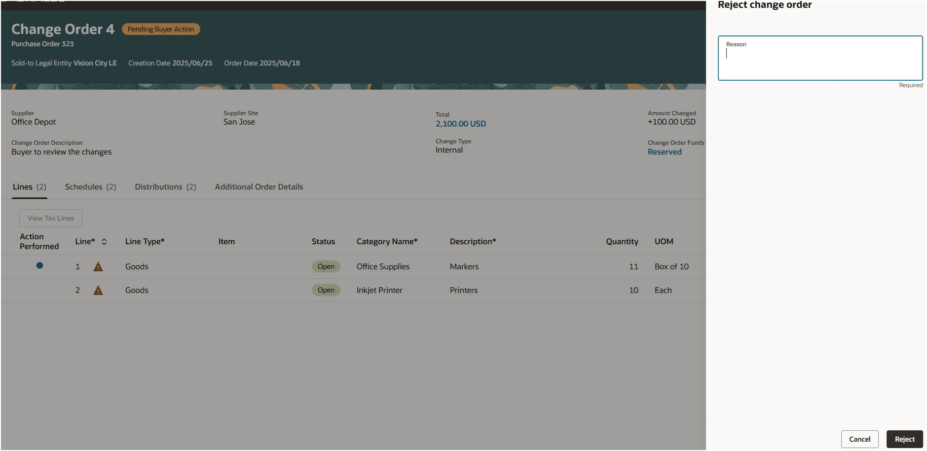 バイヤーが依頼者が開始した変更を拒否