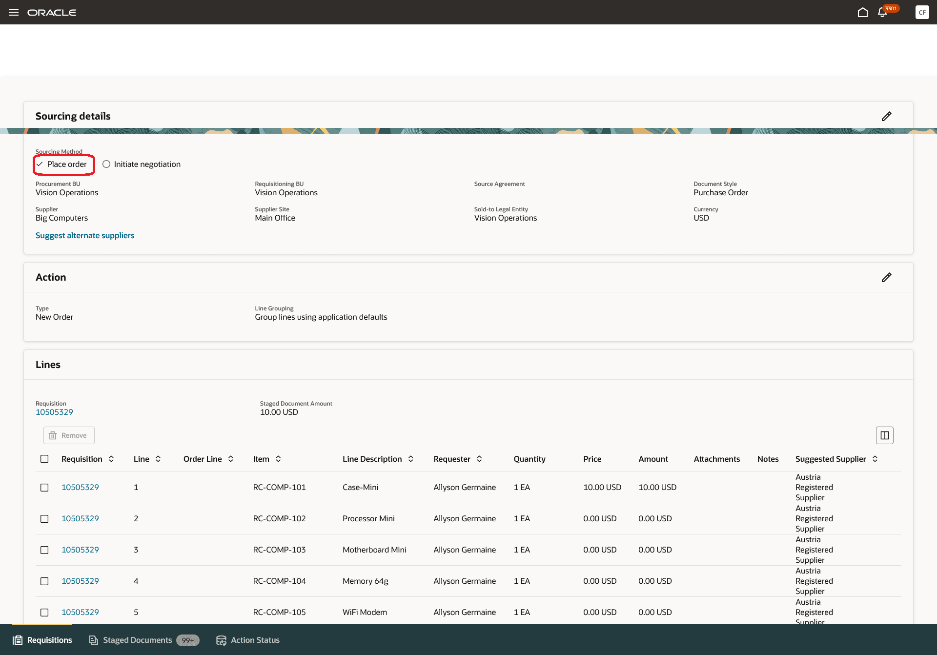 オーダーをソーシング・メソッドとするステージング済文書