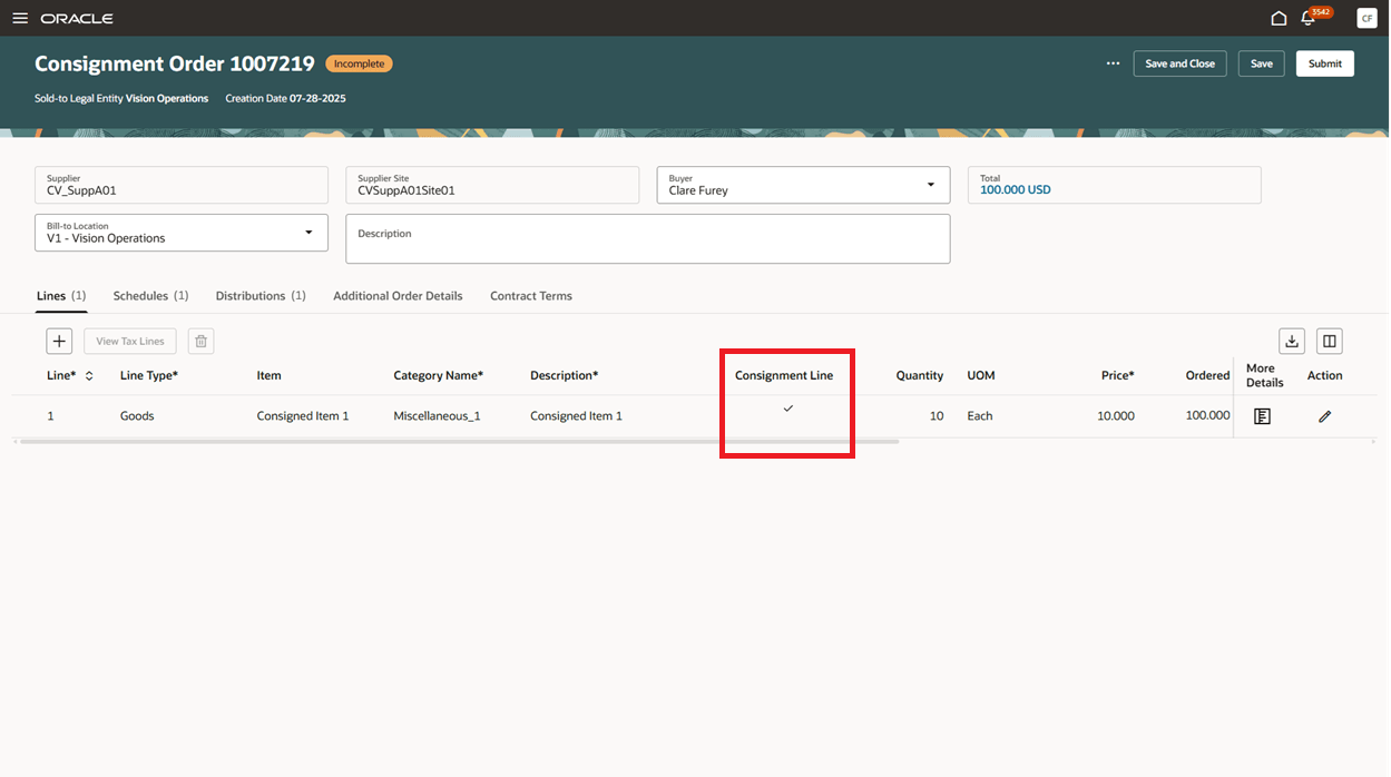 消化仕入契約からソーシングされた購買オーダー明細に対して「消化仕入明細」チェックボックスが自動的に選択され、読取り専用