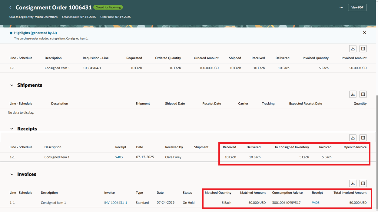 購買オーダー・ライフサイクルでの預託在庫および請求済消費通知の追跡