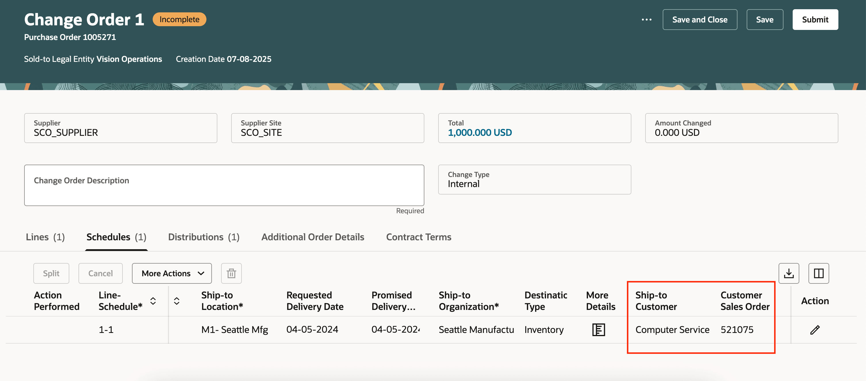 顧客販売オーダーおよび出荷先顧客の表示