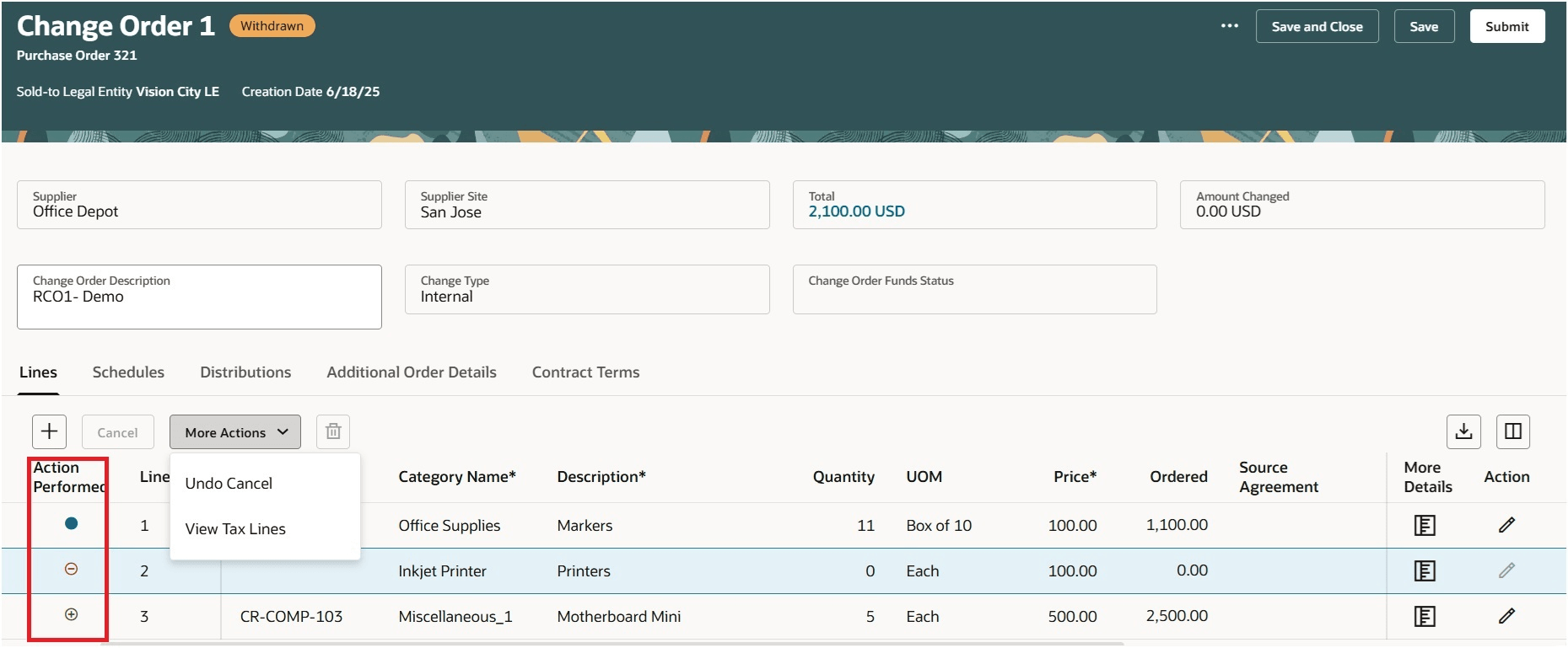 明細に対して実行された処理のレビュー