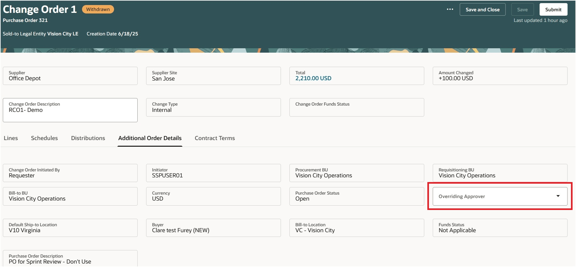 変更オーダーの追加オーダー詳細