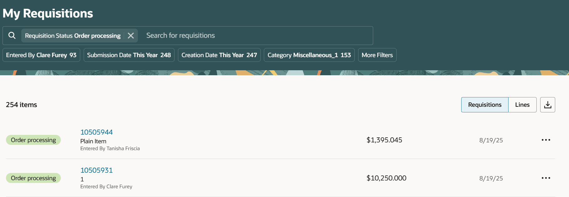 オーダー処理待ち購買依頼を表示するための購買依頼ステータス・フィルタ