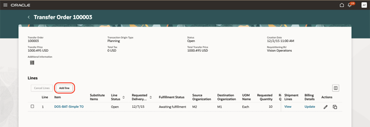 「Inventory Management(在庫管理)」作業領域に移動し、転送オーダーを開き、「Add Line(明細の追加)」をクリックします。