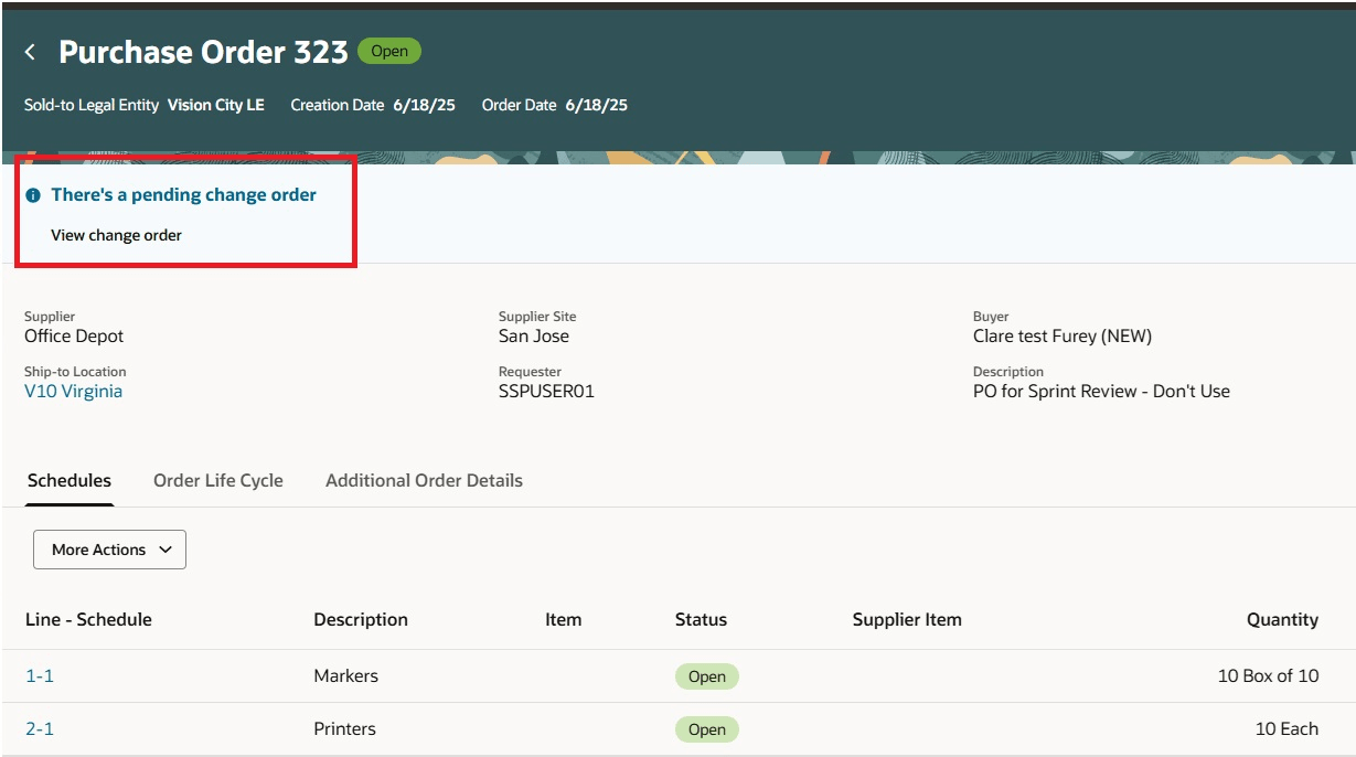 リンクをクリックして「変更オーダーの表示」にナビゲート