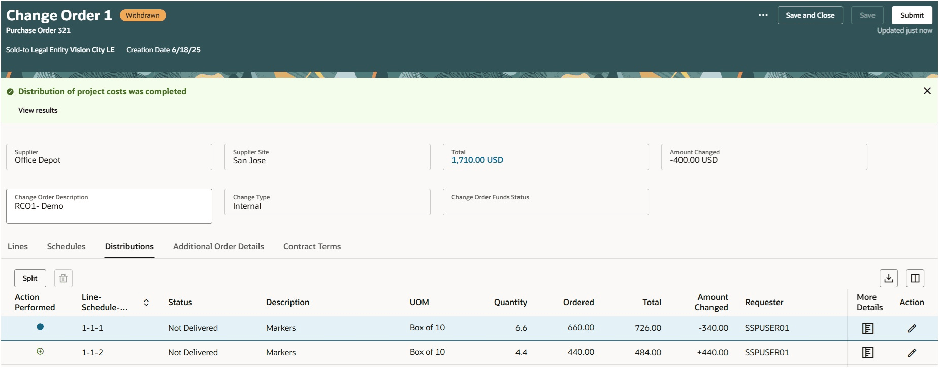 プロジェクト・コストは設定に従って配分されます