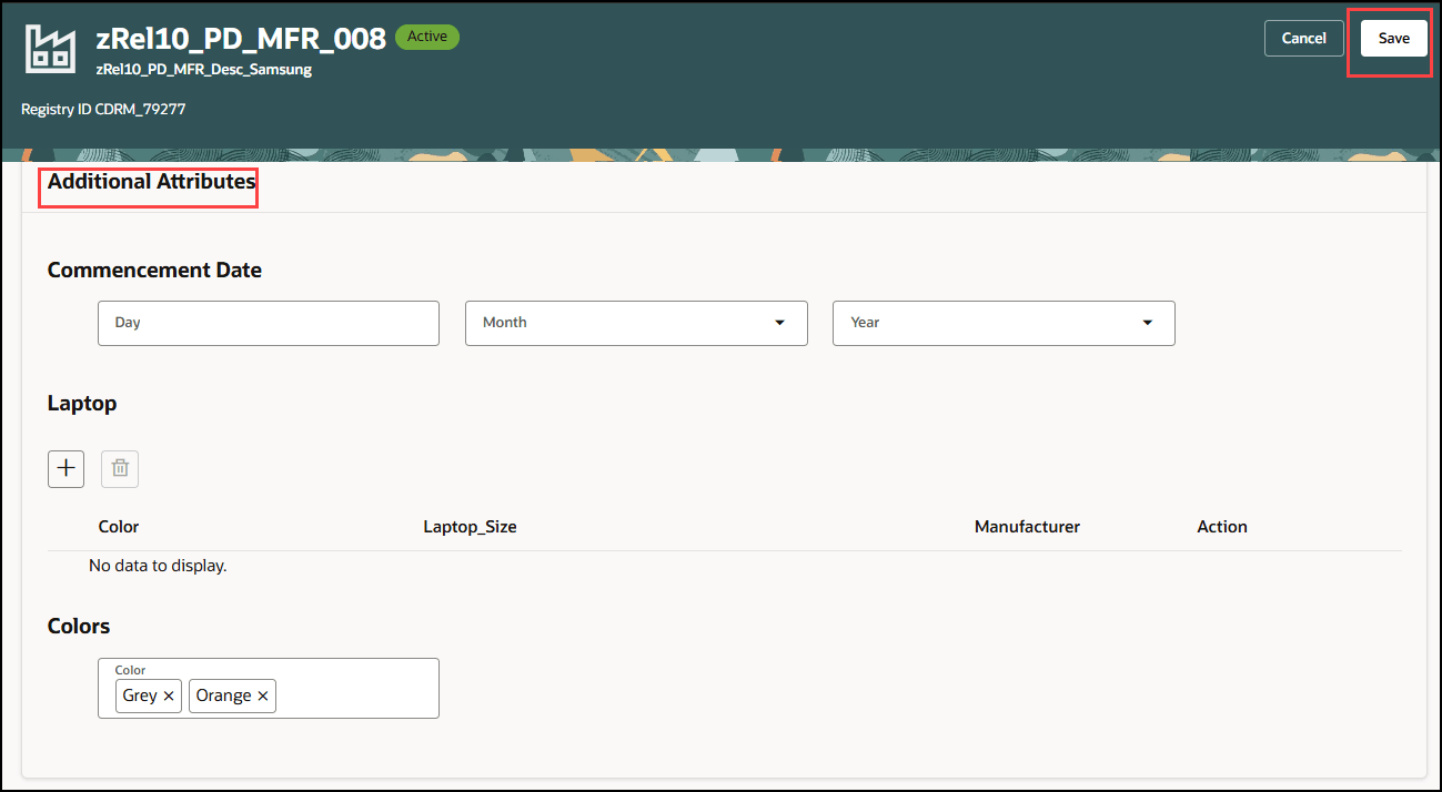 アウト・セクション・レベルの保存による製造業者追加属性セクション