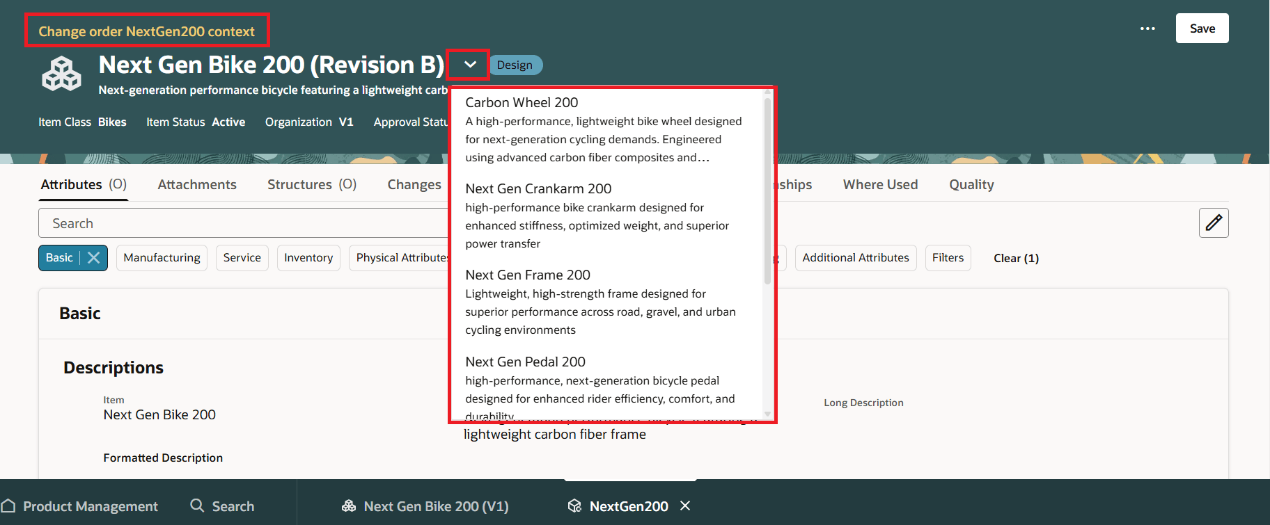 変更オーダーのコンテキストおよび影響を受けるオブジェクトを示すハイパーリンク