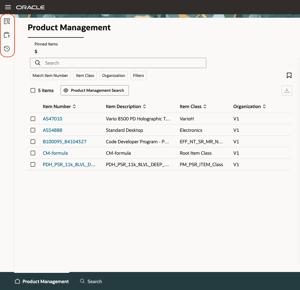 保存済検索、クリップボードおよび最近アクセスしたアイコン