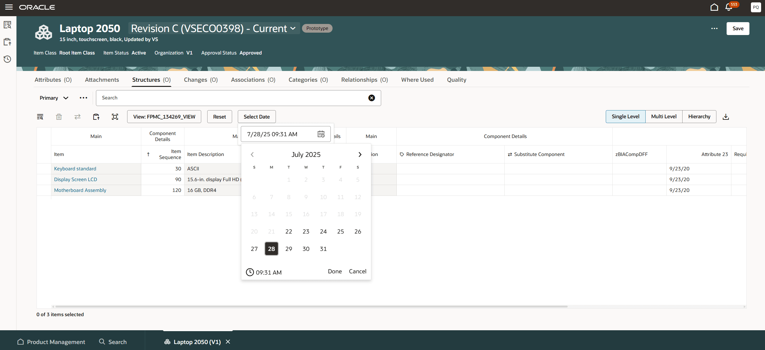 現行改訂の体系内の日付セレクタ