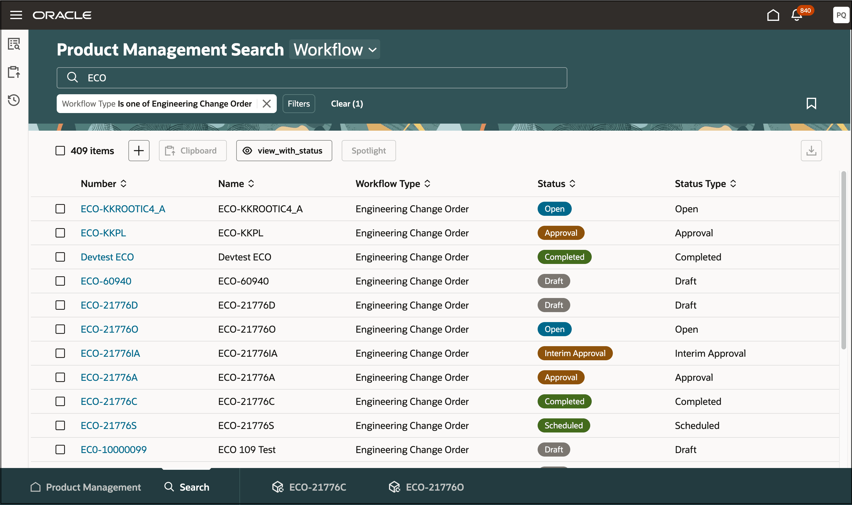 ワークフロー検索の「ステータス」列の色コード