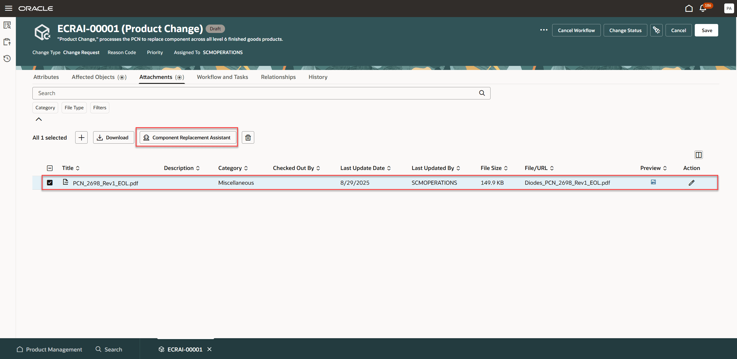 「変更通知ドキュメント」を選択し、「コンポーネント交換アシスタント」をクリックしてAIエージェントをトリガーします