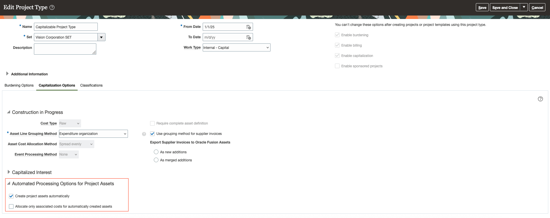プロジェクト・タイプのプロジェクト資産の自動処理オプション