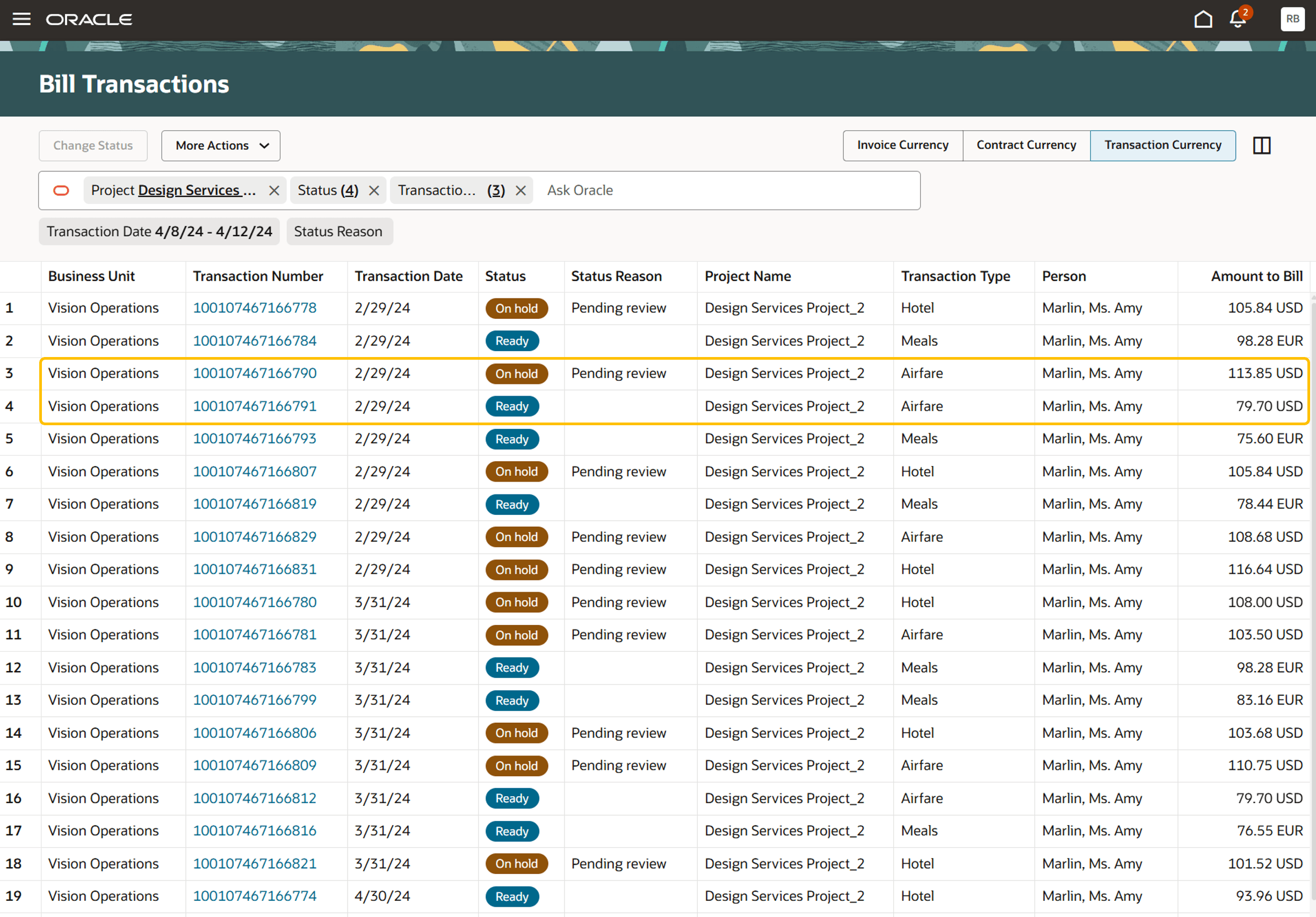 「請求トランザクション」ページを示すスクリーンショット。ユーザー定義ルールによって設定された初期ステータスのトランザクションが強調表示されます。