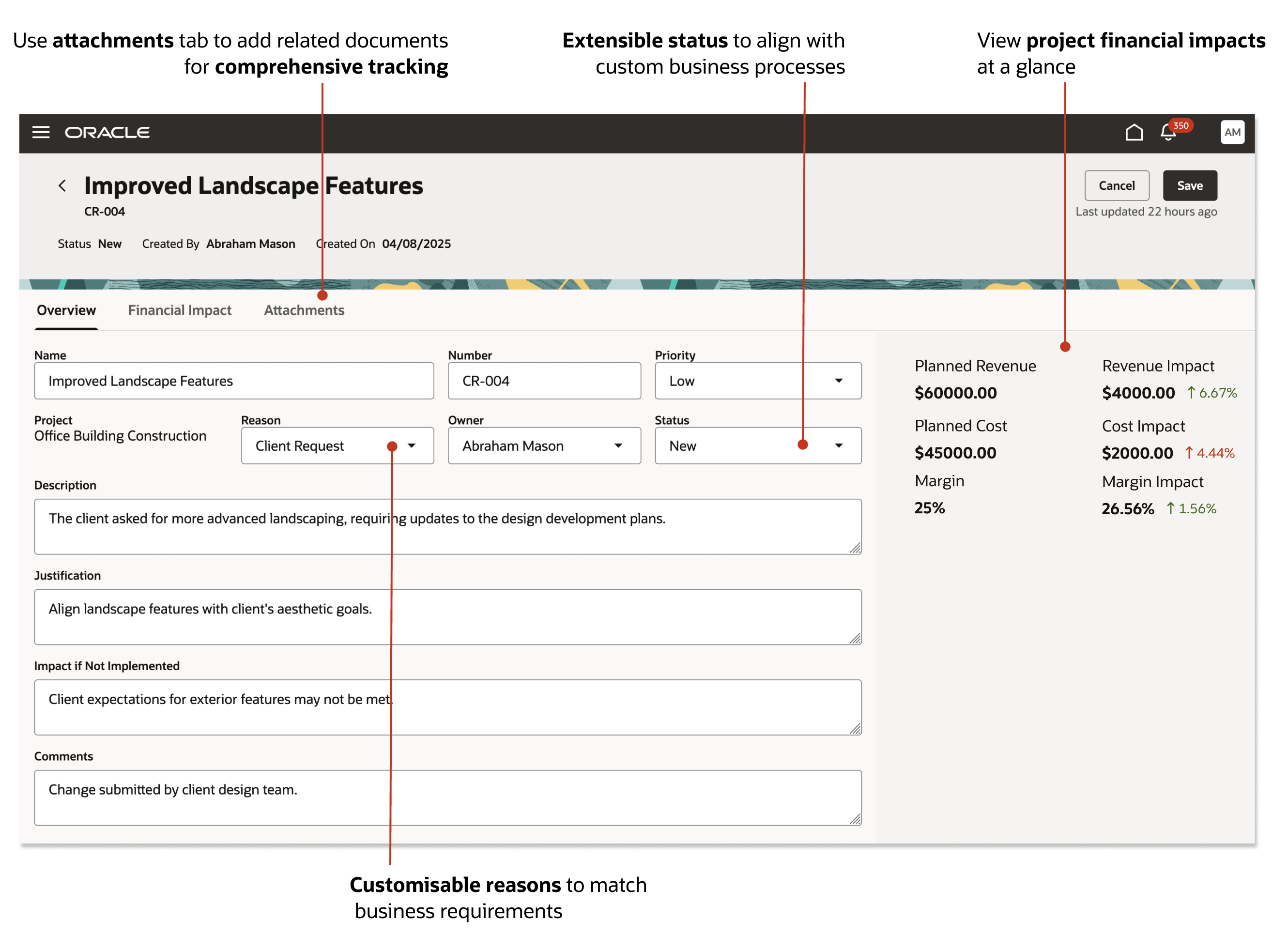 変更のサマリーを示す「変更リクエストの編集」画面。