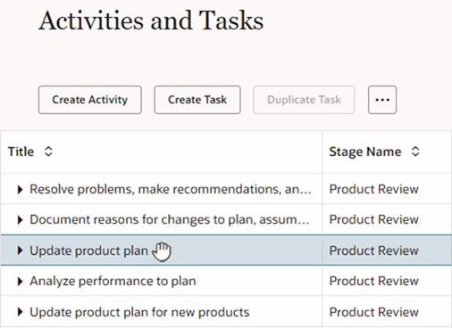 「アクティビティおよびタスク」ステップでのアクティビティ行の選択